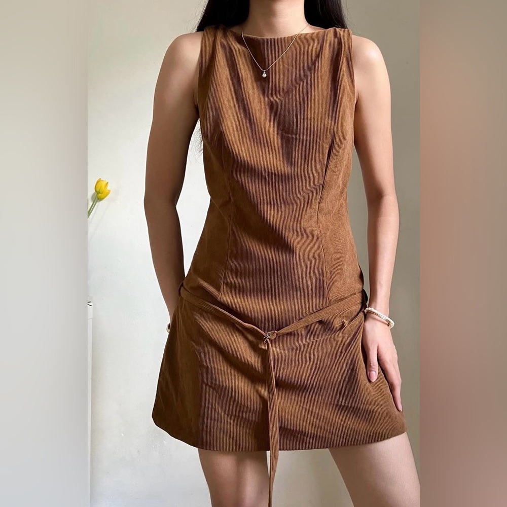 Zara Brown Boat Neck Corduroy Mini Dress - NWT